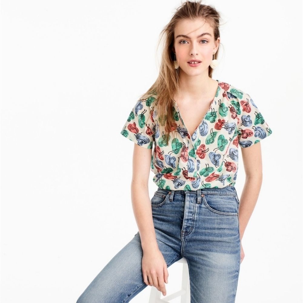 J. Crew Vintage Hat Print Cotton 1/4 Button Top 8